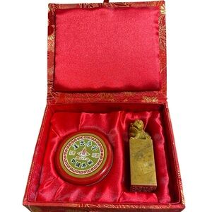 Vintage Chinese Soapstone Foo Dog and Vermilion Ink Set in Silk Box - “Sparks”